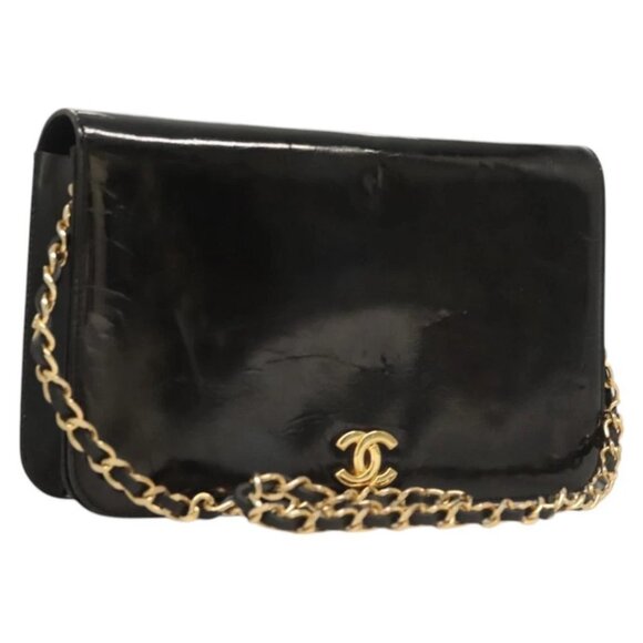CHANEL Chain Shoulder Bag Enamel Black Gold CC - Picture 1 of 15